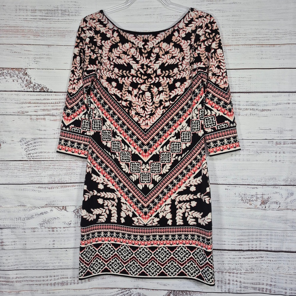 White House Black Market Floral Geometric Sheath Dress Black Coral Pink XS